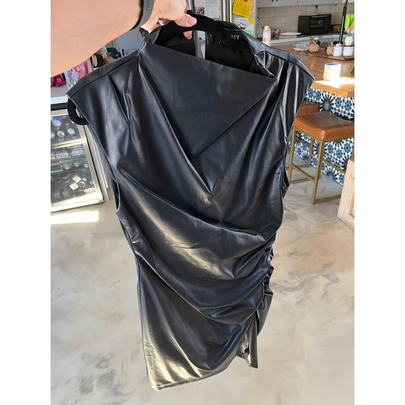 Vici Dresses & Skirts - VICI Black Faux Leather Ruched Mini Dress High Neck Sleeveless Edgy Chic M